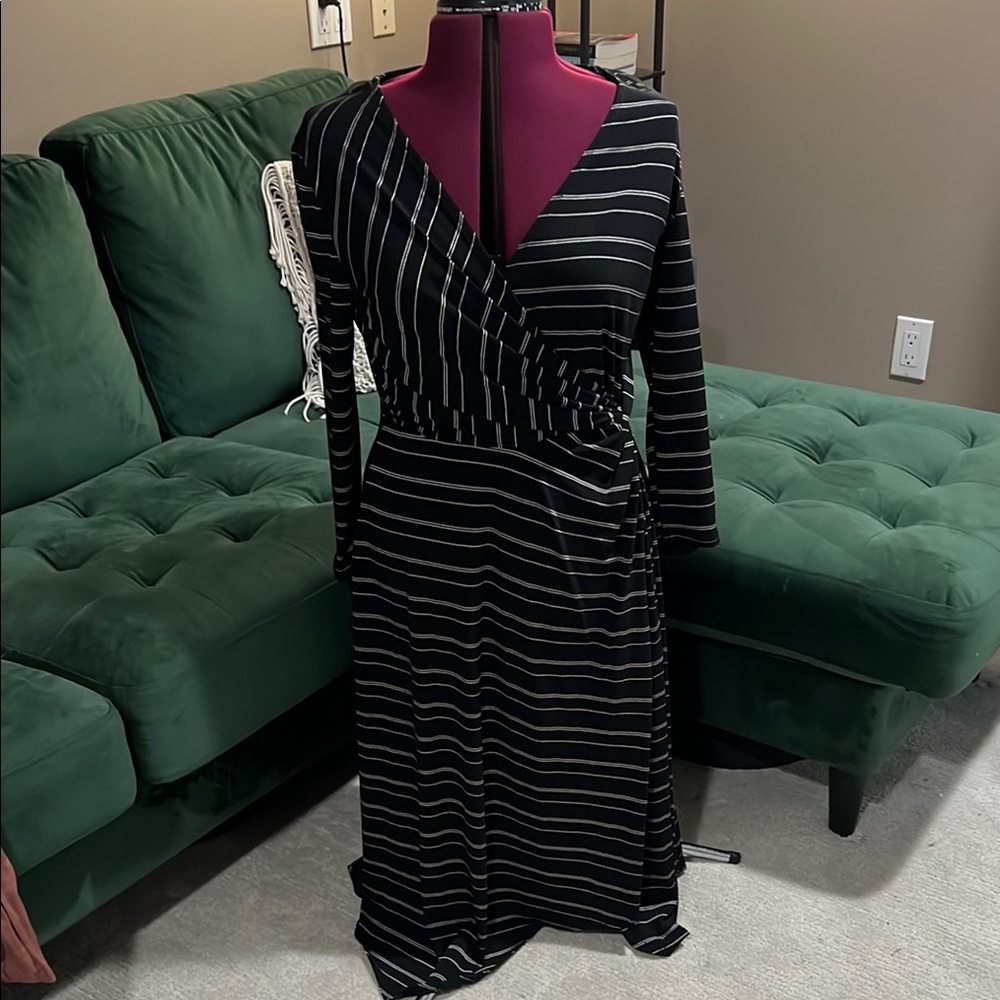 Perceptions New York Elegant Black and White Striped Faux Wrap Dress | Size M